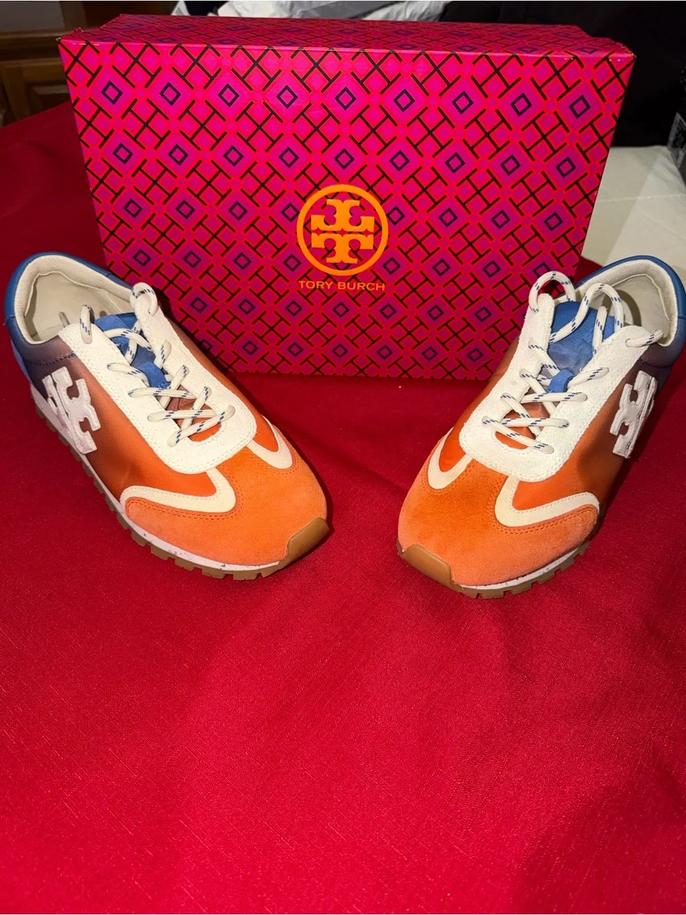 Tory Burch Orange, White & Blue Suede Lace-Up Sneakers